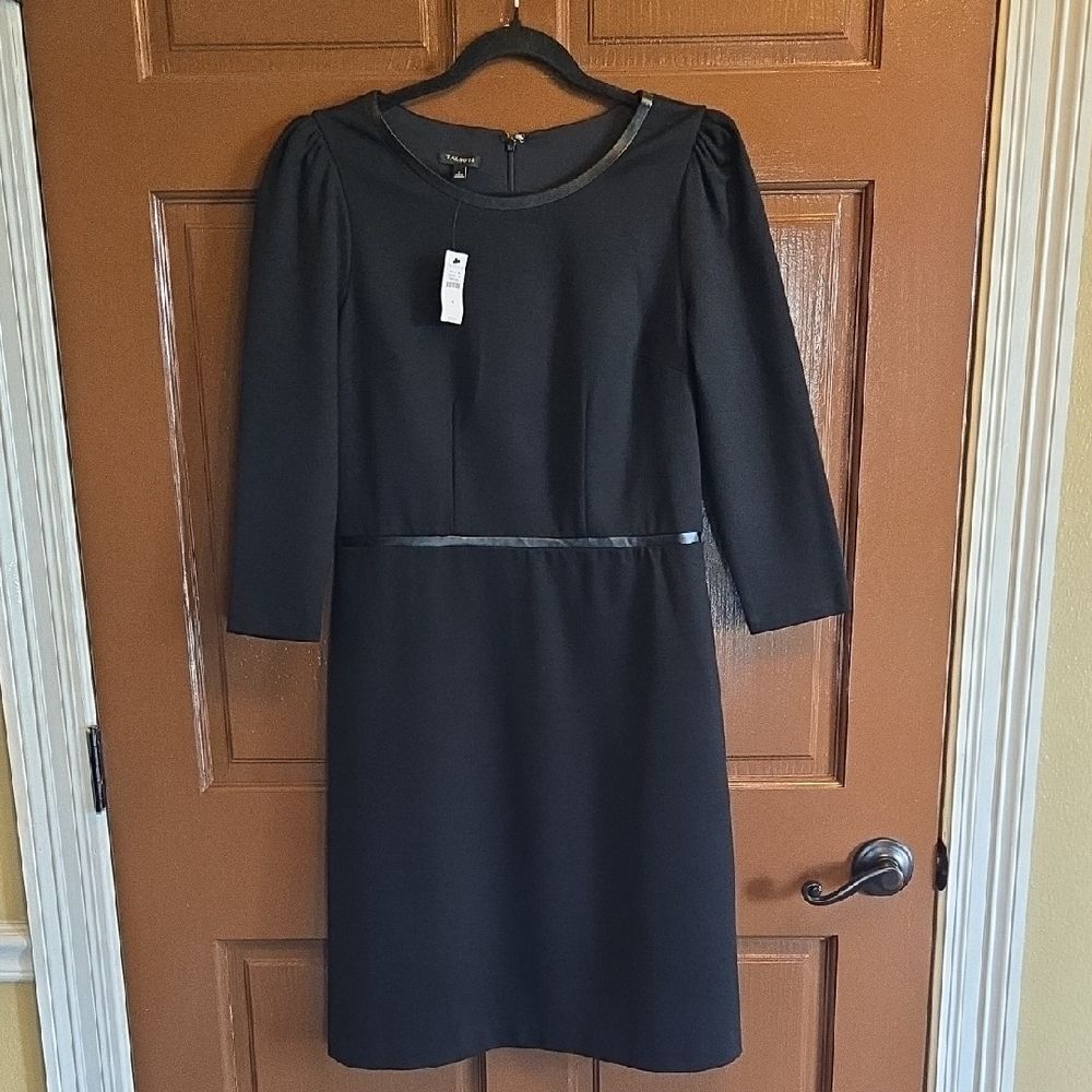 Talbots-Black round neck 3/4 sleeved dress with faux leather trim Sz 4. NWT.